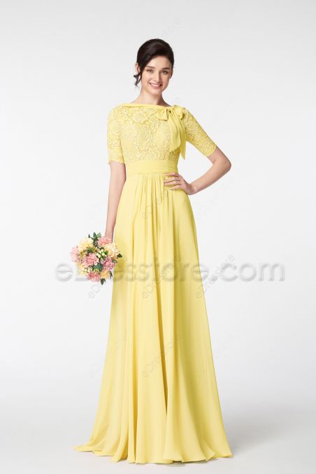 Modest Mormon Pale Yellow Bridesmaid Dresses with Sleeves