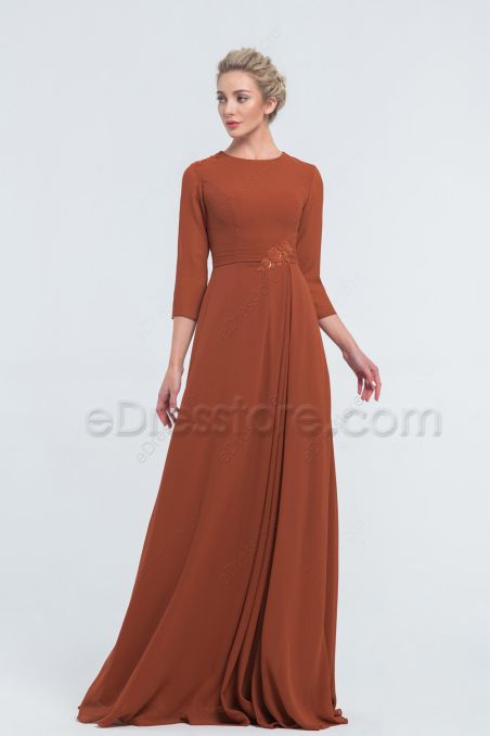 Modest Mormon Rust Color Bridesmaid Dresses with Sleeves