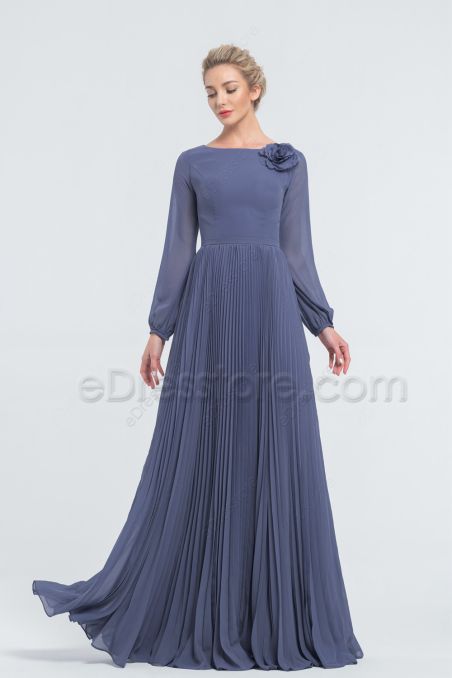 Modest Mormon Slate Blue Bridesmaid Dresses Long Sleeves