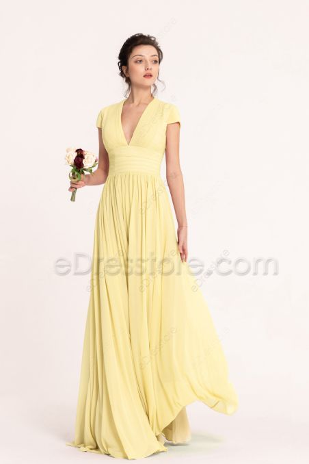 Modest Pale Yellow Chiffon Bridesmaid Dresses Cap Sleeves