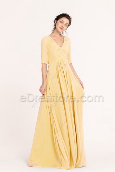 Modest Pale Yellow Maternity Bridesmaid Dresses with Sleeves