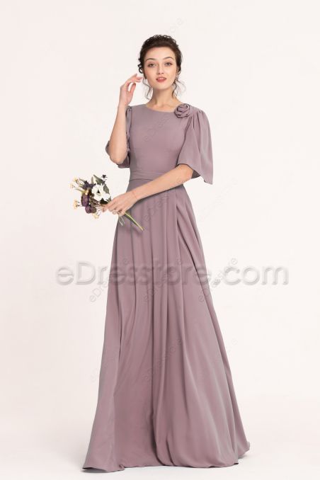 Modest Plus Size Mauve Bridesmaid Dresses with Sleeves