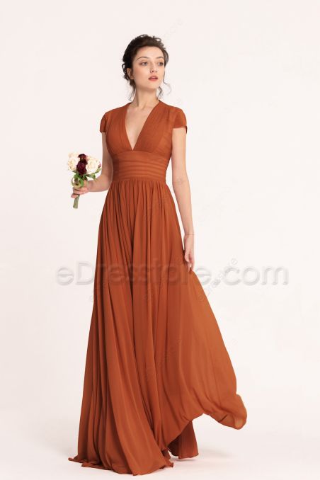 Modest Rust Orange Bridesmaid Dresses Cap Sleeves