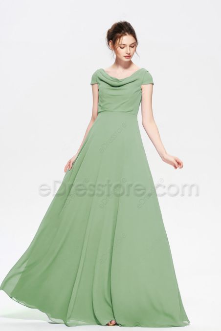 Modest Sage Green Cowl Neck Bridesmaid Dresses