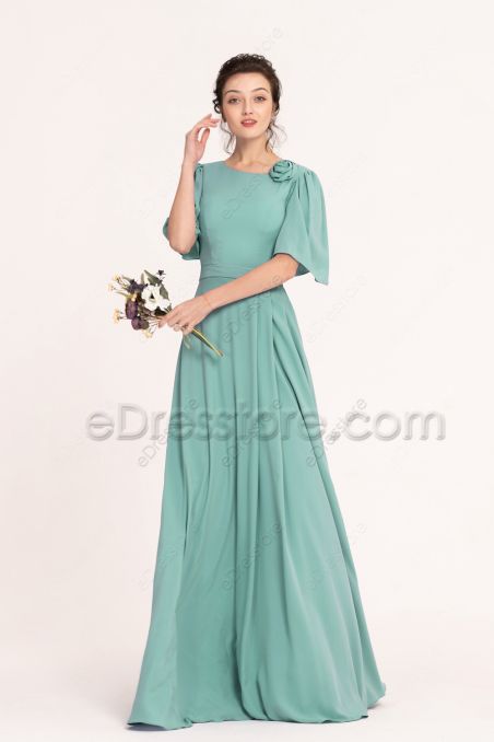 Modest Sea Glass Green Bridesmaid Dresses Flutter Sleeves