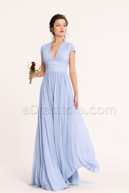 Modest Sky Blue Bridesmaid Dresses Cap Sleeves