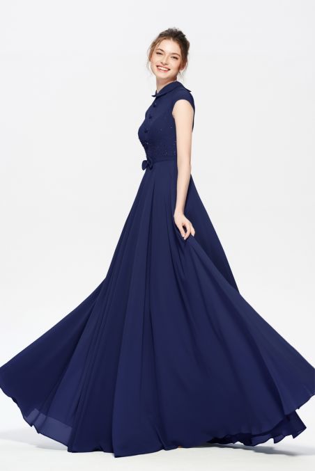 Navy Blue Modest Beaded Long Prom Dresses with Turndown Collar
