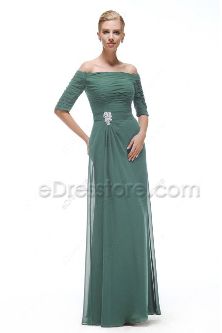 Off the Shoulder Eucalyptus Green Bridesmaid Dresses with Sleeves