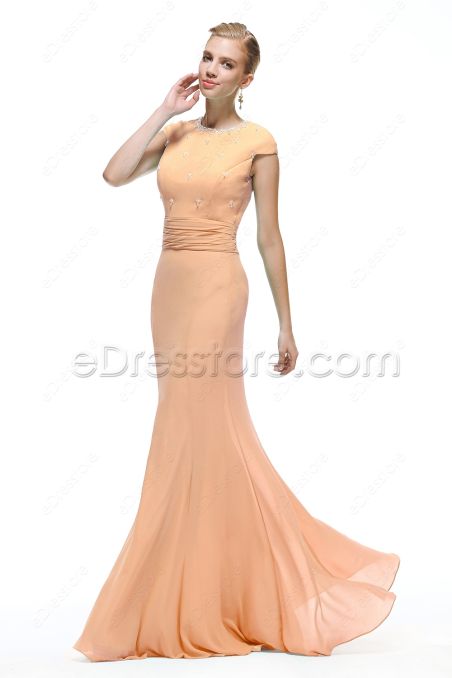 Mermaid Modest Peach Color Bridesmaid Dresses Cap Sleeves