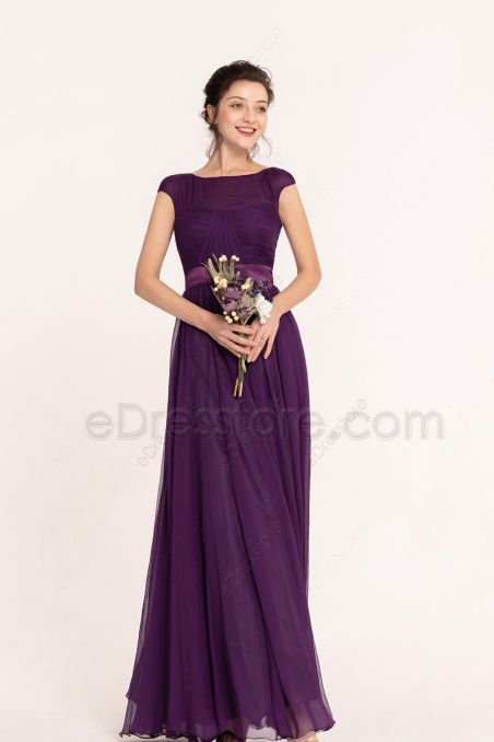 Purple Elegant Modest Bridesmaid Dresses Cap Sleeves
