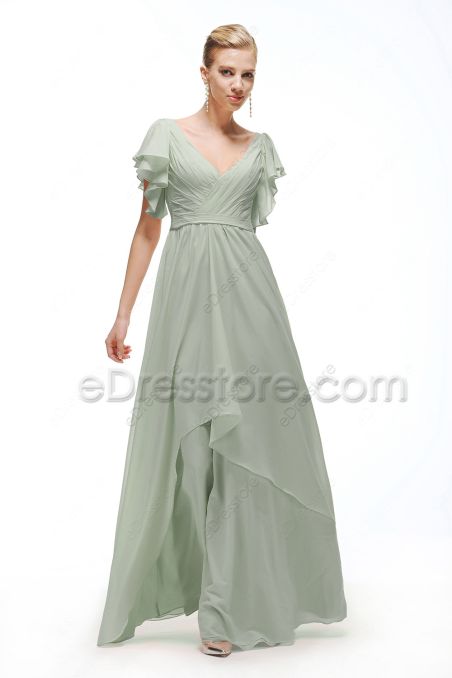 Sage Green Chiffon Bridesmaid Dresses with Flutter Sleeves