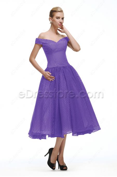 Off the Shoulder Vintage Lavender Cocktail Dress Tea Length