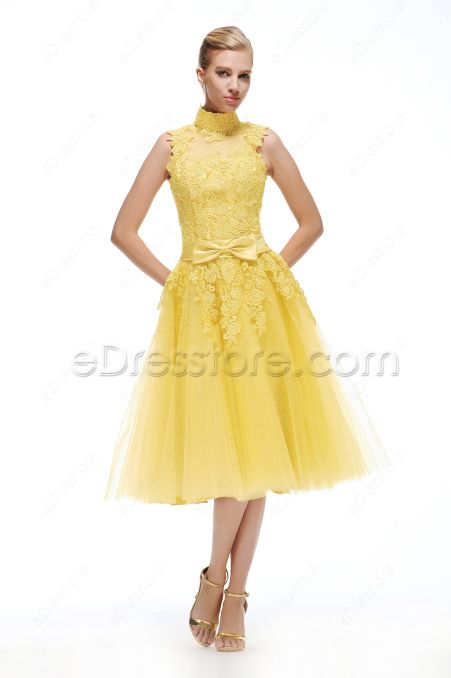 High Neck Yellow Evening Dress Tea Length