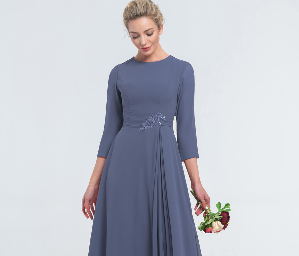 Modest Lds Beaded Slate Blue Bridesmaid Dresses With Sleeves Edresstore 