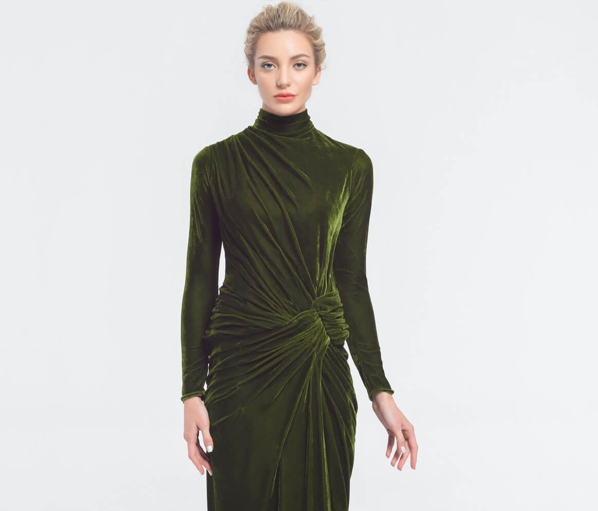 Modest Dark Olive Green Velvet Bridesmaid Dresses Long Sleeves | eDresstore