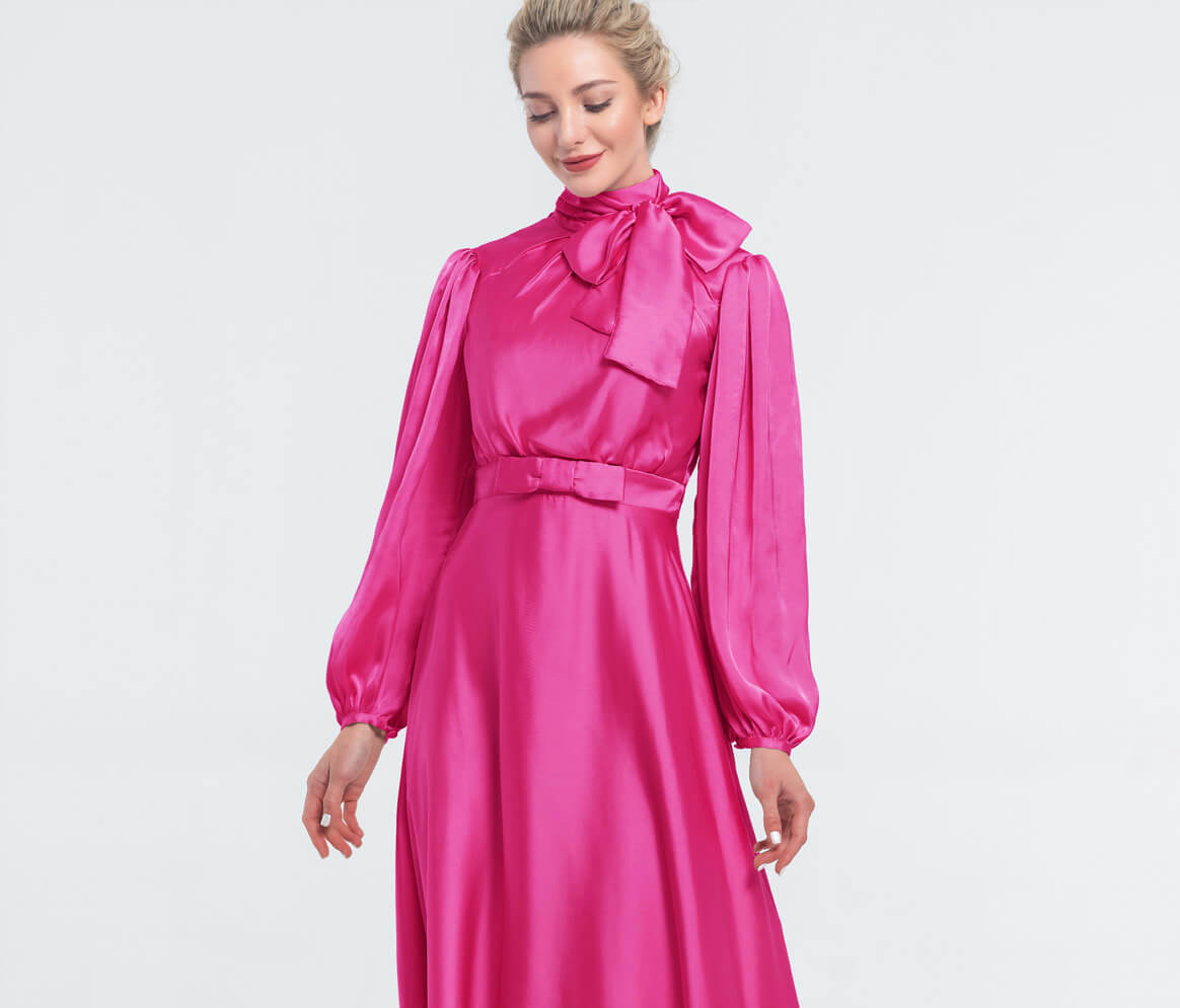 Modest LDS Hot Pink Satin Bridesmaid Dresses Long Sleeves | eDresstore